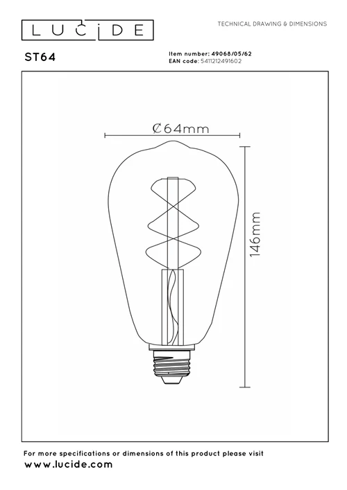 Lucide ST64 - Ampoule filament - Ø 6,4 cm - LED Dim. - E27 - 1x5W 2700K - Ambre - technique